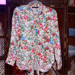 Zara Woman Hidden Button Down Blouse With Tie Multicolor Print